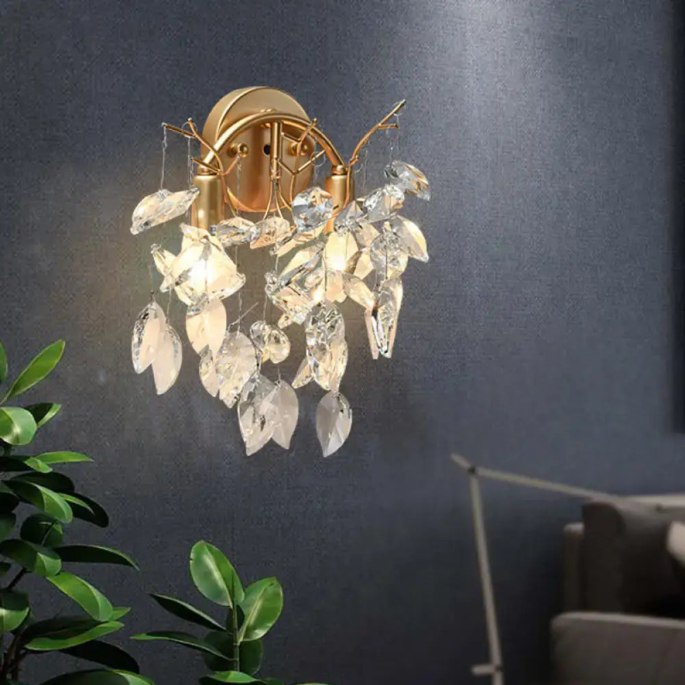 Modern brass finish crystal leaf wall light fixture bedroom sconce