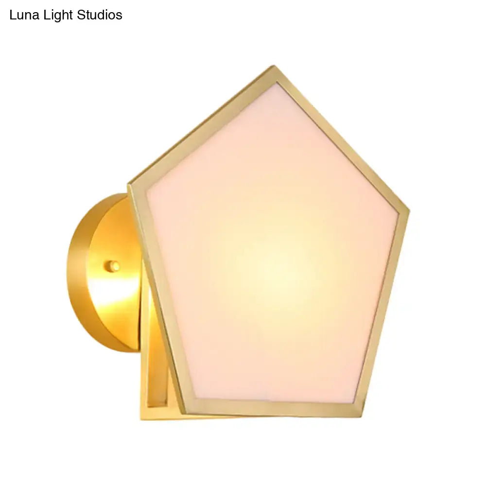 Modern brass finish pentagon wall lamp bedroom pink glass shade