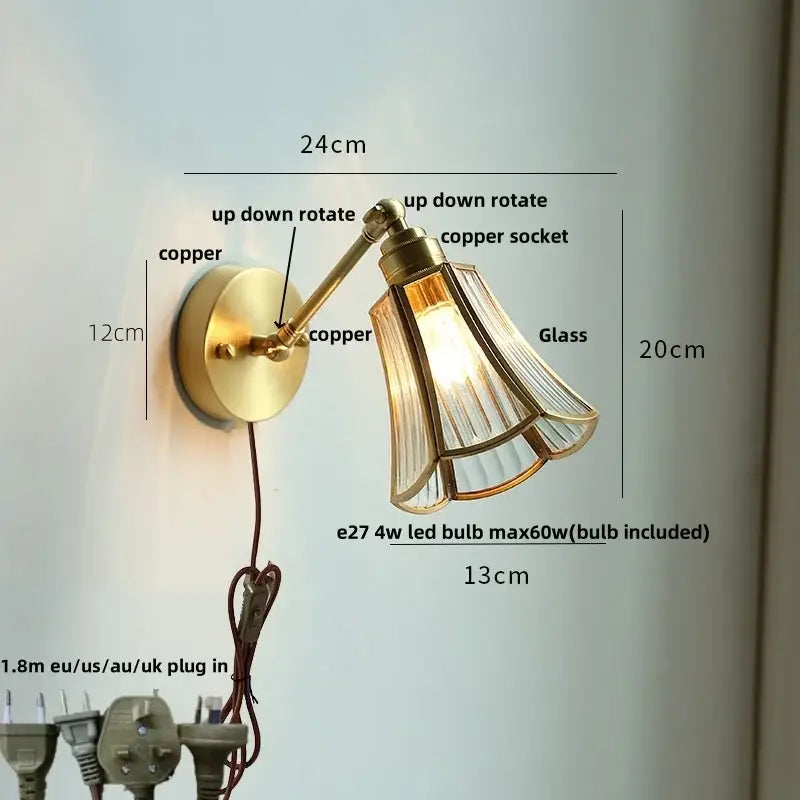 Modern brass wall lamp with clear glass shade bedroom reading light