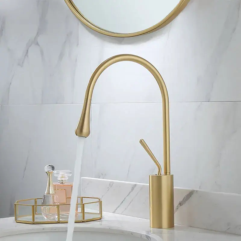 Modern brushed gold basin faucet with swivel spout for bathroom