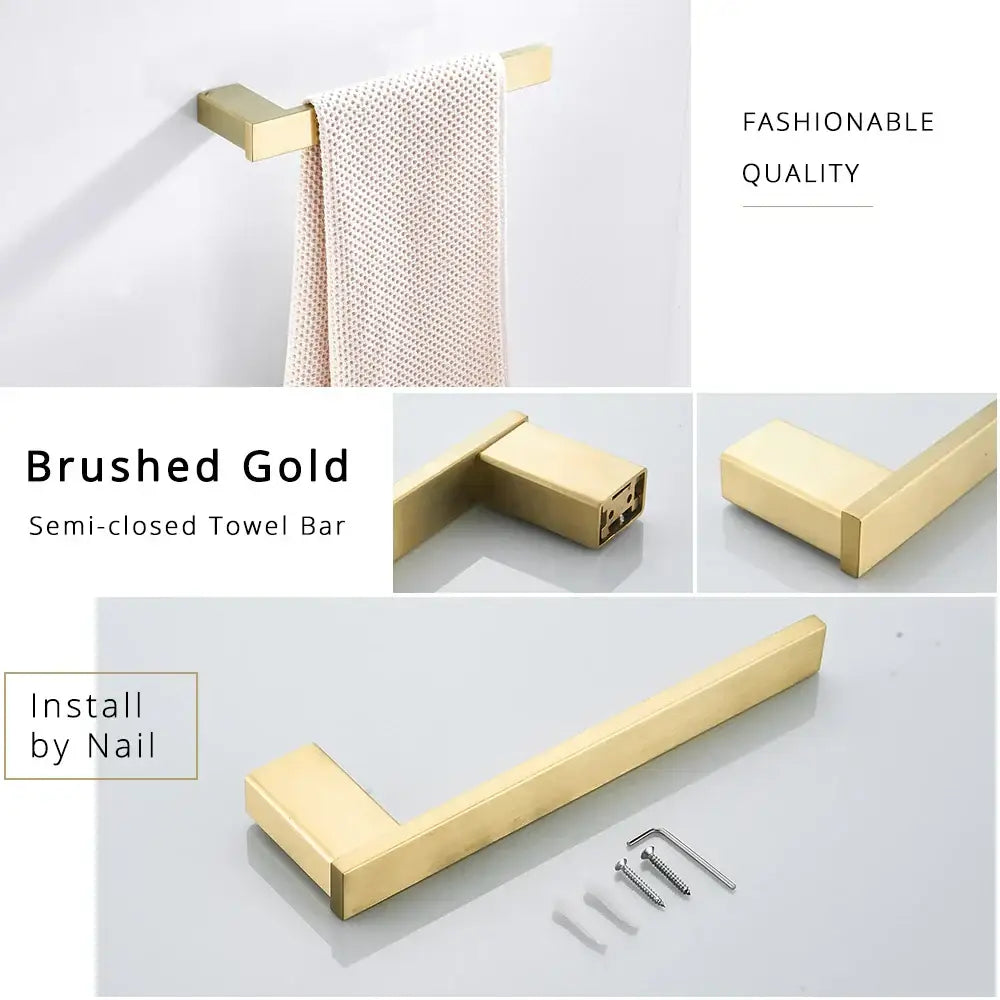 Modern brushed gold bathroom hardware set with rectangular rails
