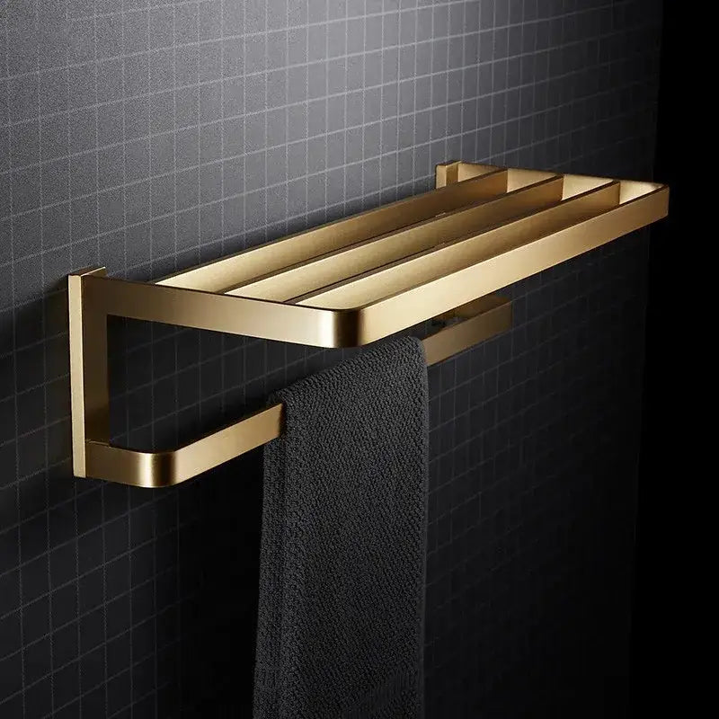 Modern brushed gold bathroom hardware set with towel rack