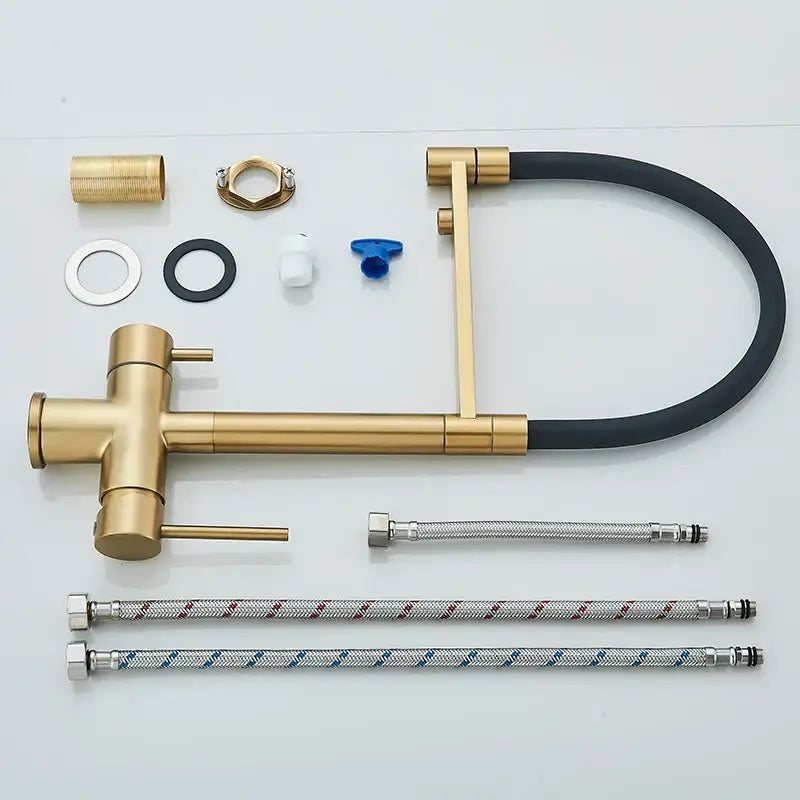Modern brushed gold & black dual handle pull out kitchen faucet