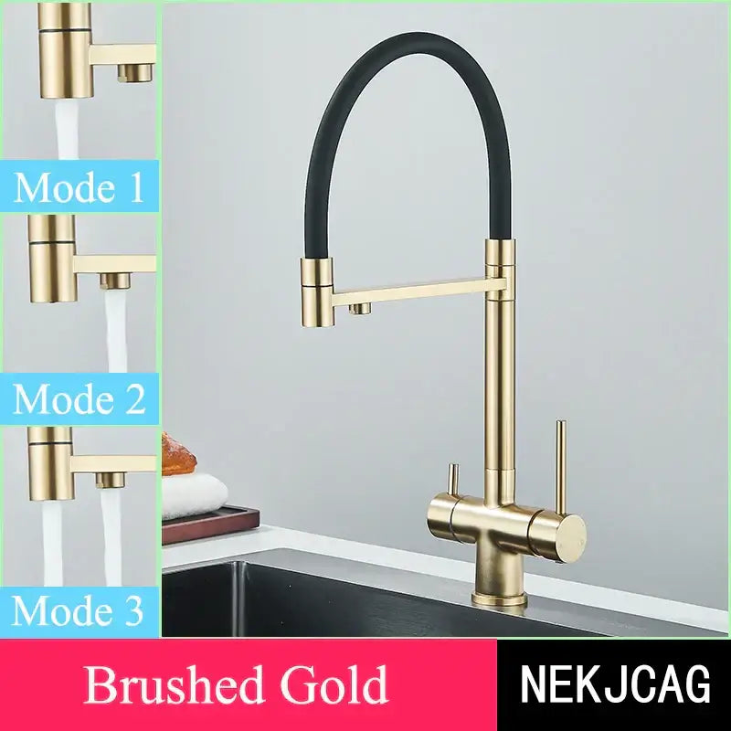 Modern brushed gold & black dual handle pull out kitchen faucet