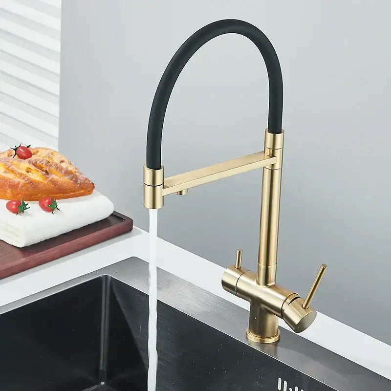 Modern brushed gold & black dual handle pull out kitchen faucet