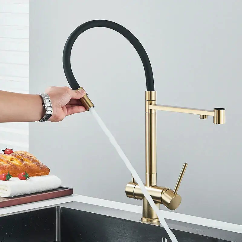 Modern brushed gold & black dual handle pull out kitchen faucet