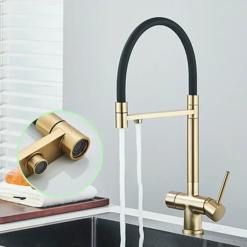 Modern brushed gold & black dual handle pull out kitchen faucet