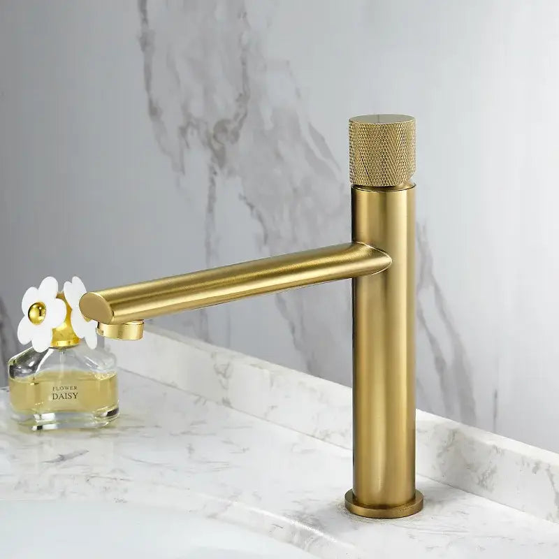 Modern brushed gold brass basin faucet with knurled bathroom sink tap