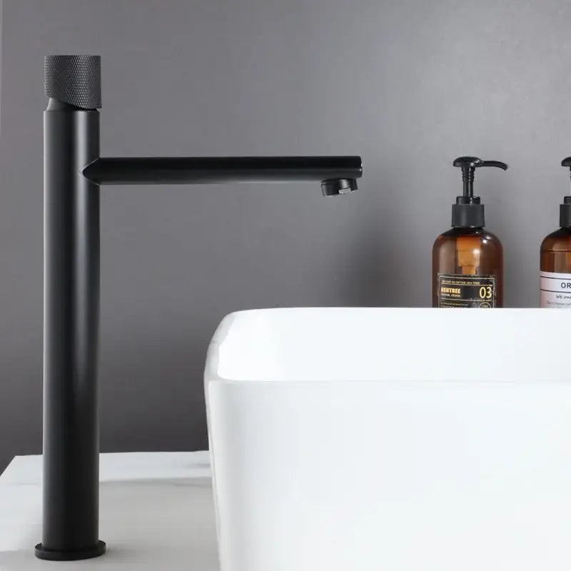 Modern brushed gold brass basin faucet with knurled bathroom sink tap