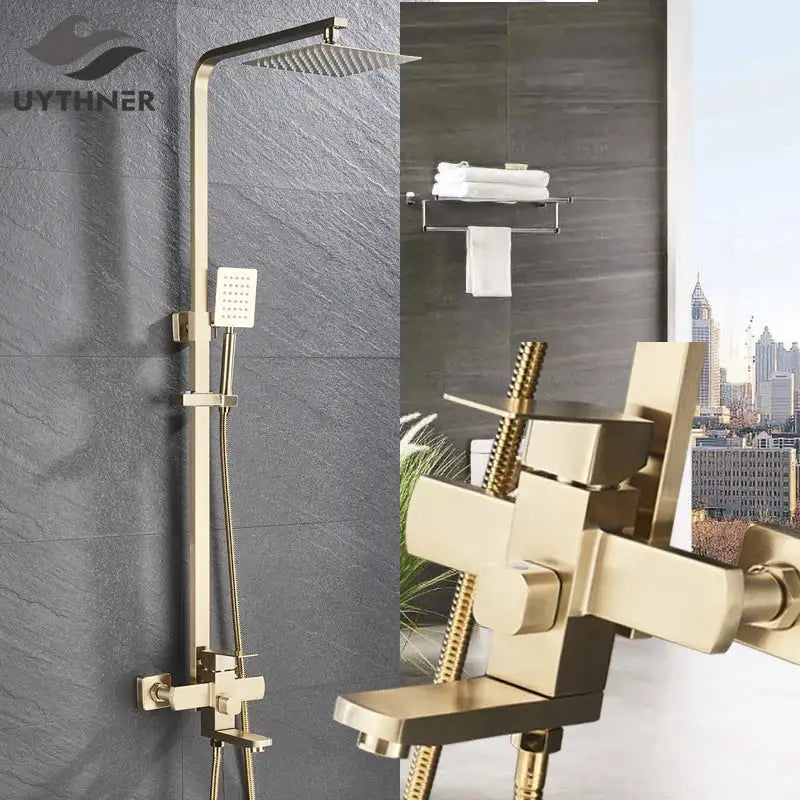 Modern brushed gold rain shower set bathroom mixer with handheld spray