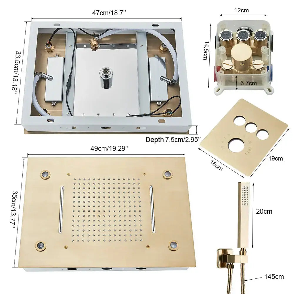 Modern brushed gold rainfall shower set with led bathroom faucet