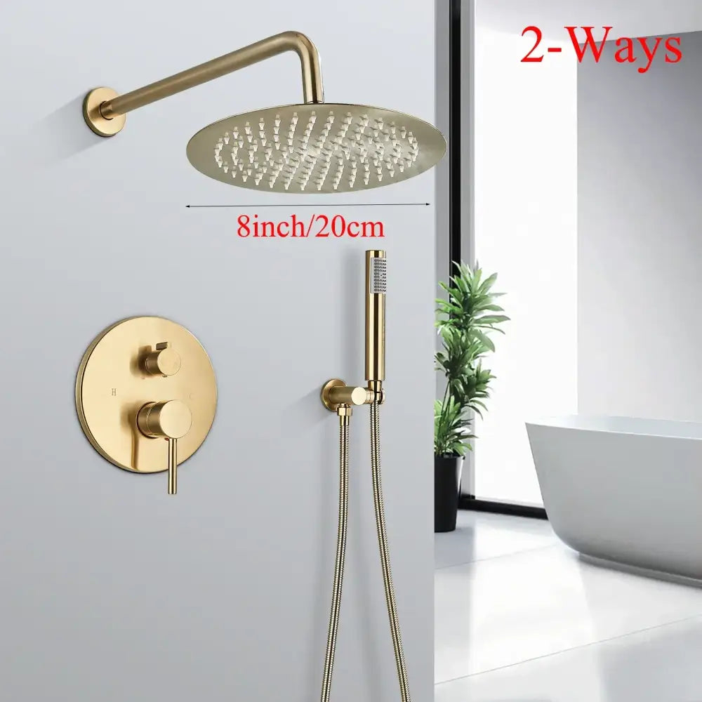 Modern brushed gold shower faucet system with rainfall head for bathroom