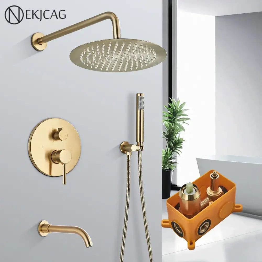 Modern brushed gold shower faucet system with rainfall head for bathroom
