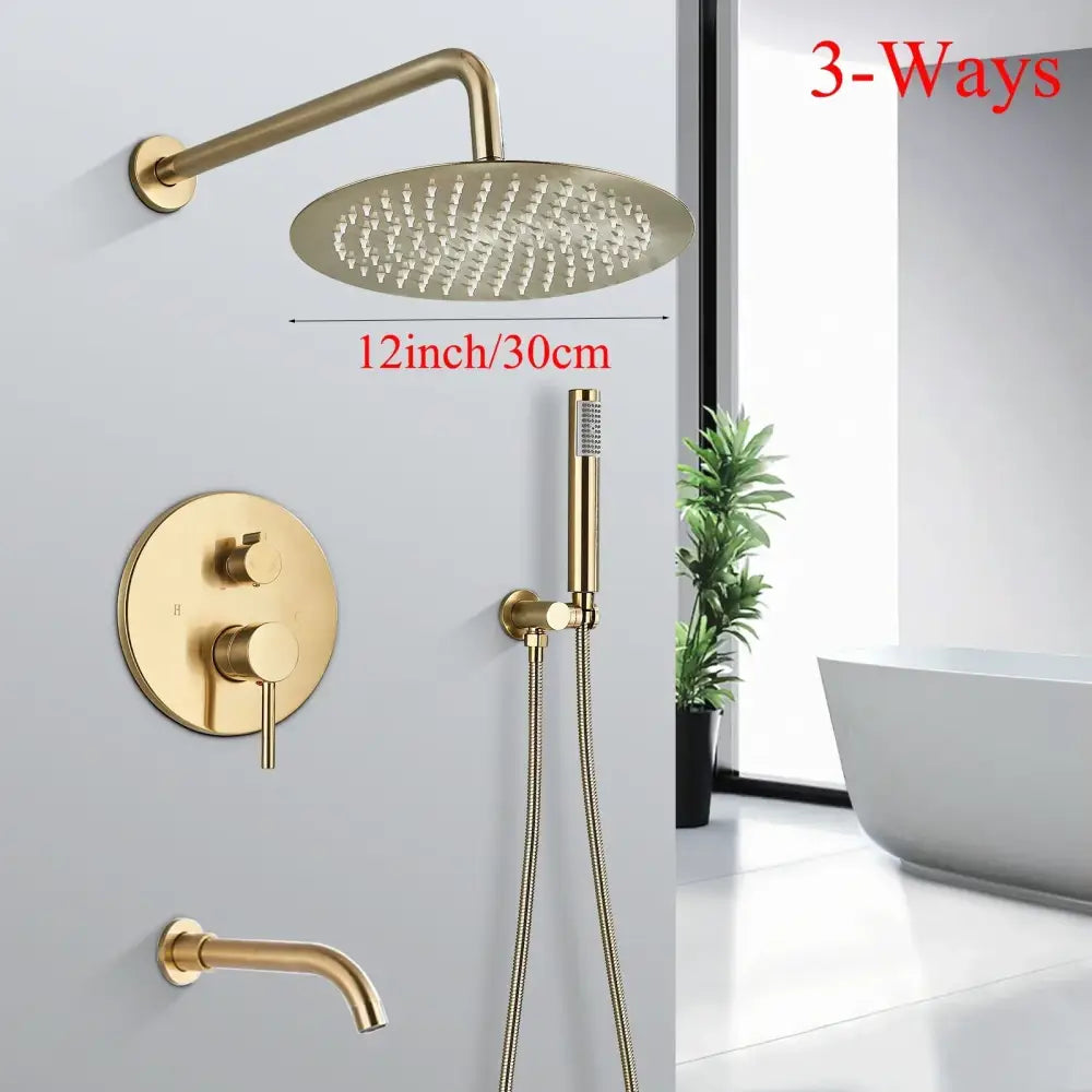 Modern brushed gold shower faucet system with rainfall head for bathroom