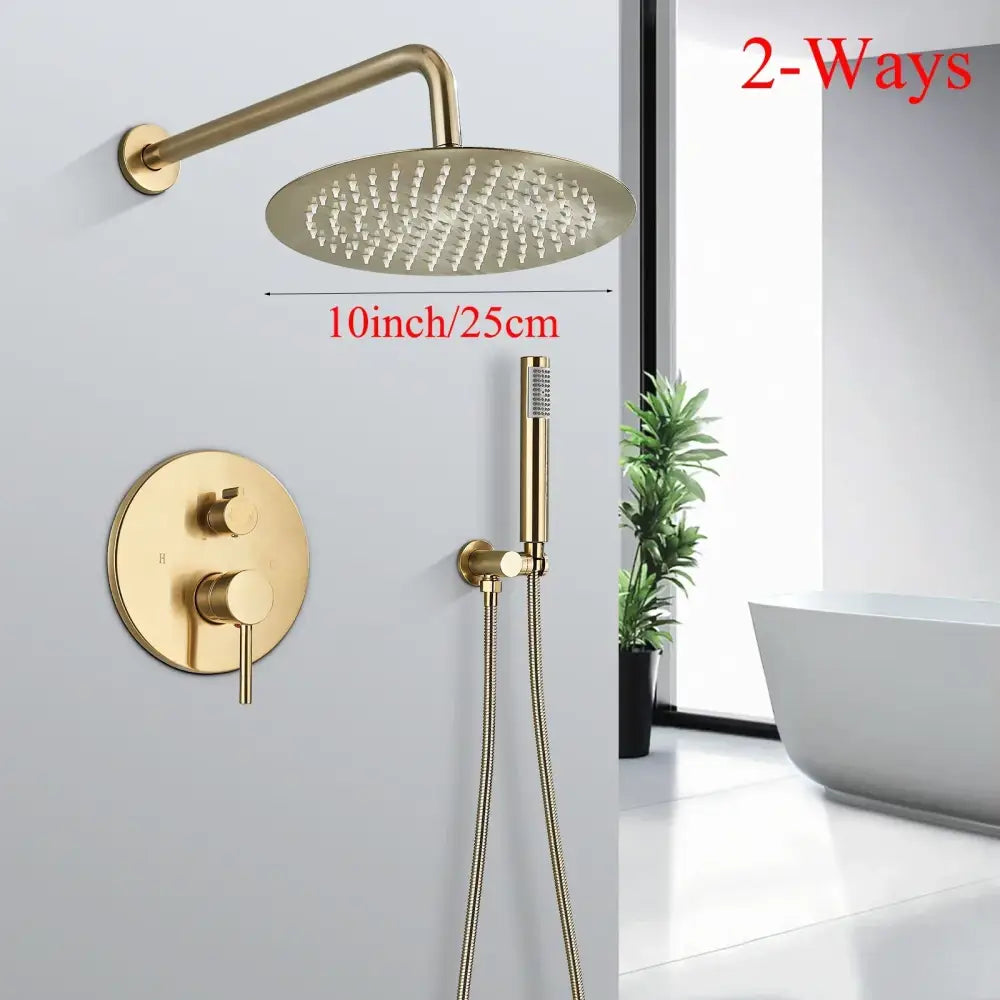 Modern brushed gold shower faucet system with rainfall head for bathroom