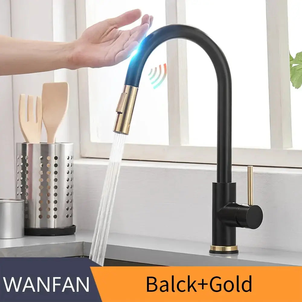 Modern brushed gold smart sensor kitchen faucet dual outlet