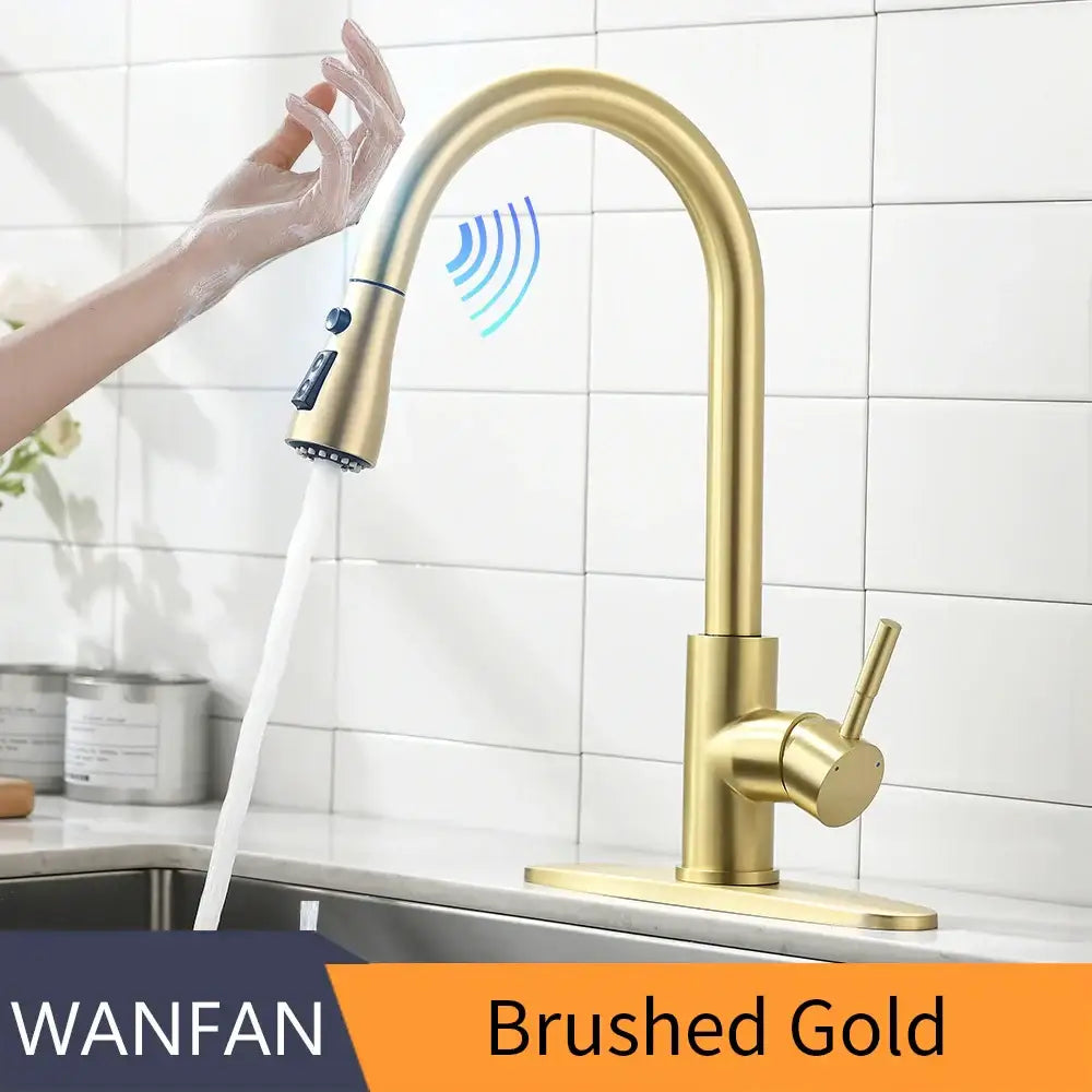 Modern brushed gold smart sensor kitchen faucet dual outlet