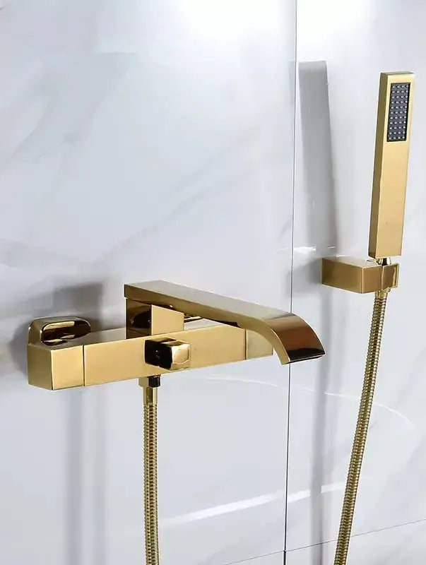 Modern brushed gold wall mounted waterfall bathtub set with handheld