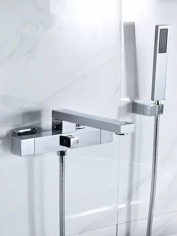 Modern brushed gold wall mounted waterfall bathtub set with handheld