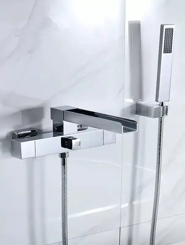 Modern brushed gold wall mounted waterfall bathtub set with handheld