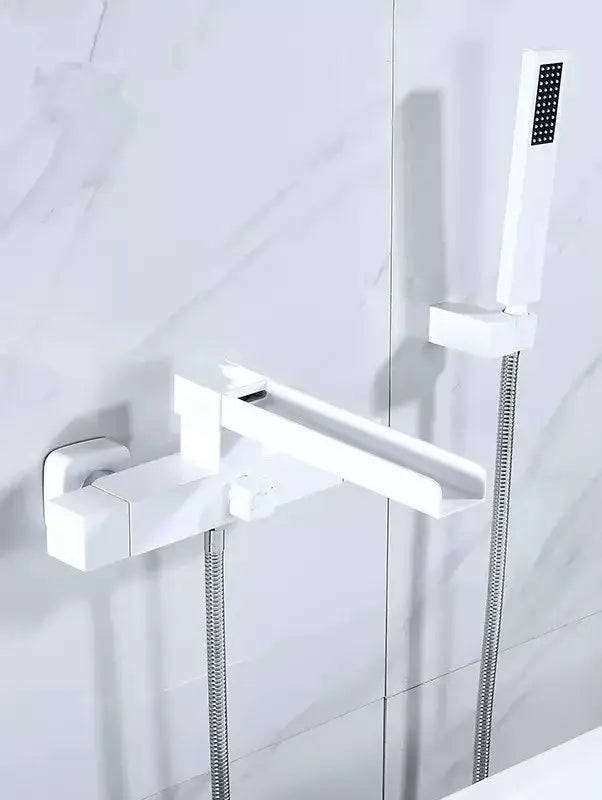 Modern brushed gold wall mounted waterfall bathtub set with handheld