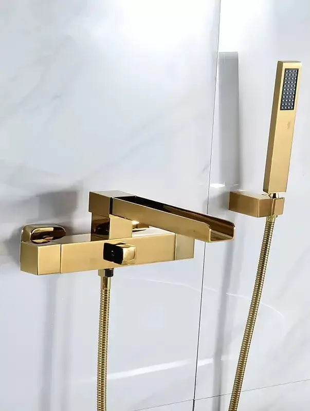 Modern brushed gold wall mounted waterfall bathtub set with handheld