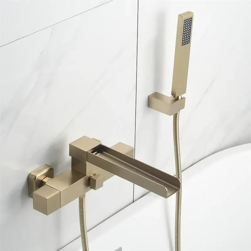 Modern brushed gold wall mounted waterfall bathtub set with handheld