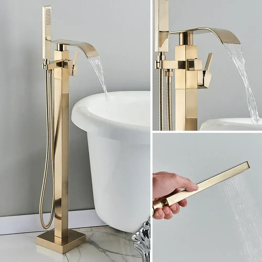 Modern brushed gold waterfall tub faucet with handheld shower bathroom