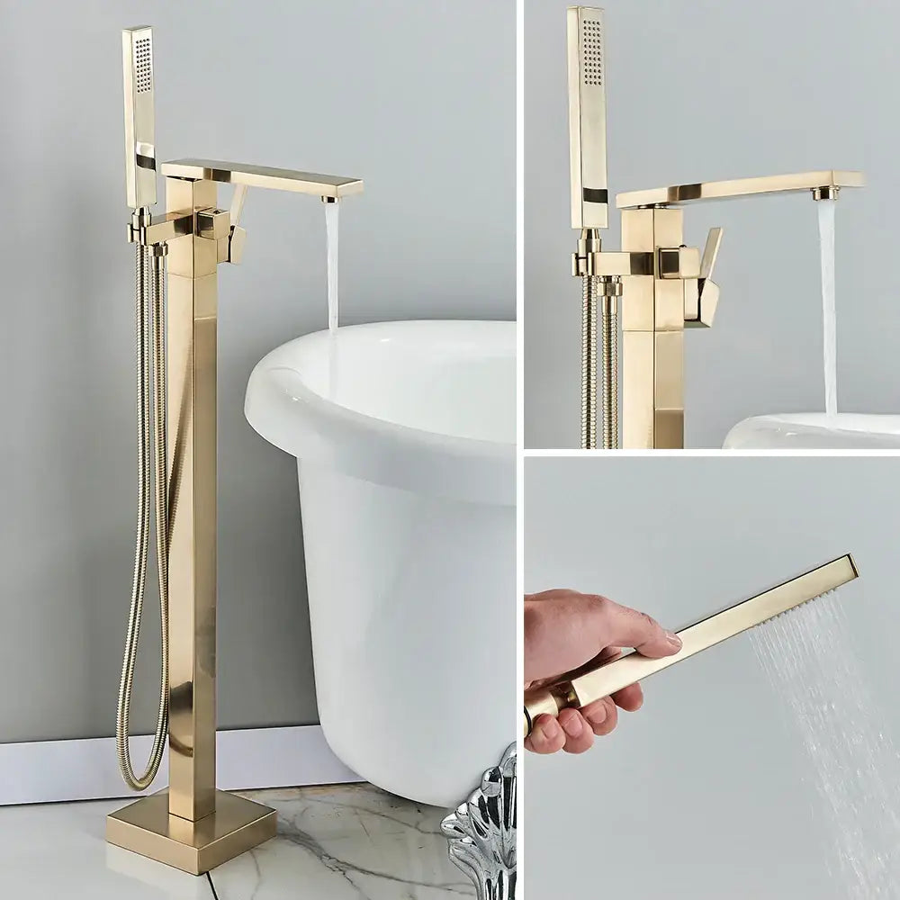 Modern brushed gold waterfall tub faucet with handheld shower bathroom