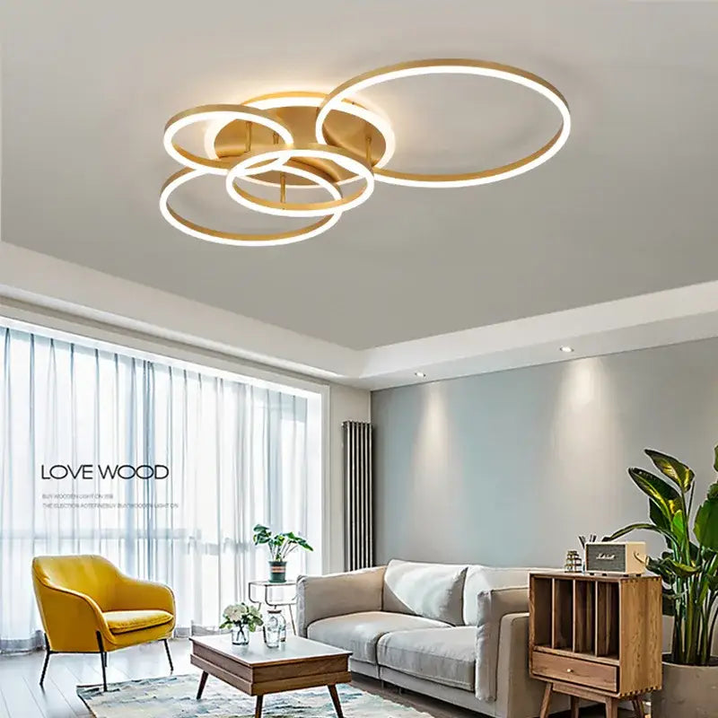 Modern brushed golden led ceiling chandelier for living room rings