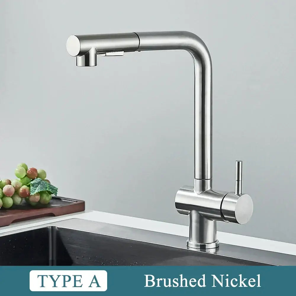 Modern brushed nickel kitchen faucet with dual spray nozzle