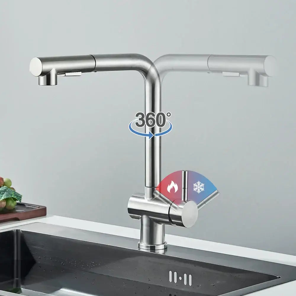 Modern brushed nickel kitchen faucet with dual spray nozzle
