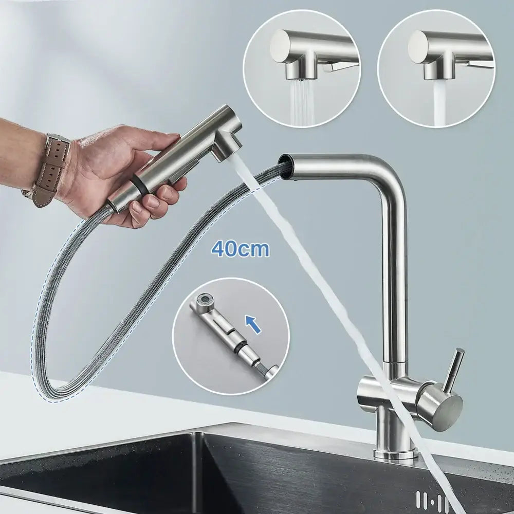 Modern brushed nickel kitchen faucet with dual spray nozzle