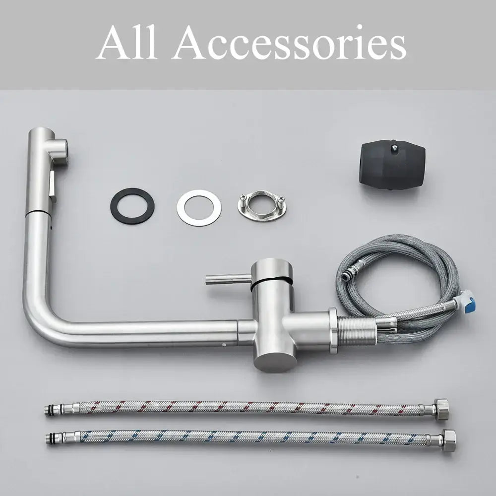 Modern brushed nickel kitchen faucet with dual spray nozzle