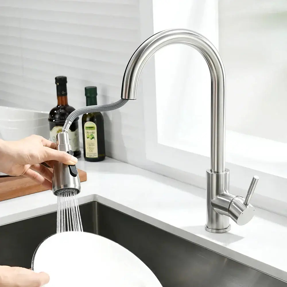 Modern brushed nickel pull out kitchen faucet