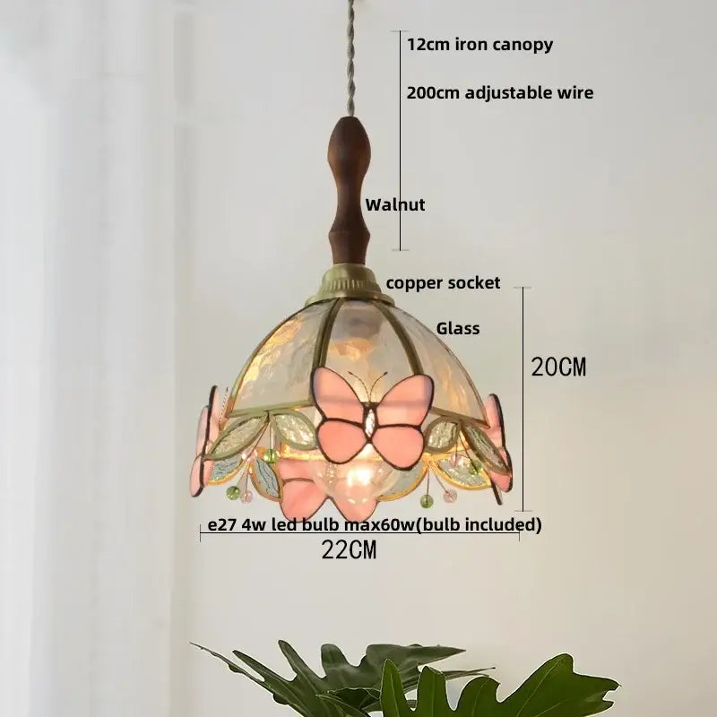Modern butterfly pink led pendant lamp bedroom stained glass decor
