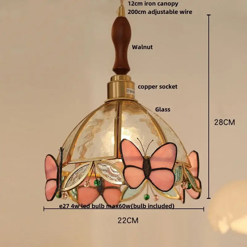Modern butterfly pink led pendant lamp bedroom stained glass decor