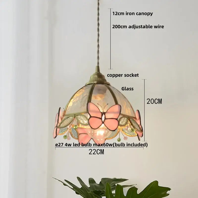 Modern butterfly pink led pendant lamp bedroom stained glass decor