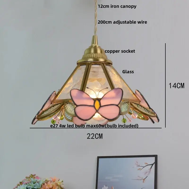 Modern butterfly pink led pendant lamp bedroom stained glass decor