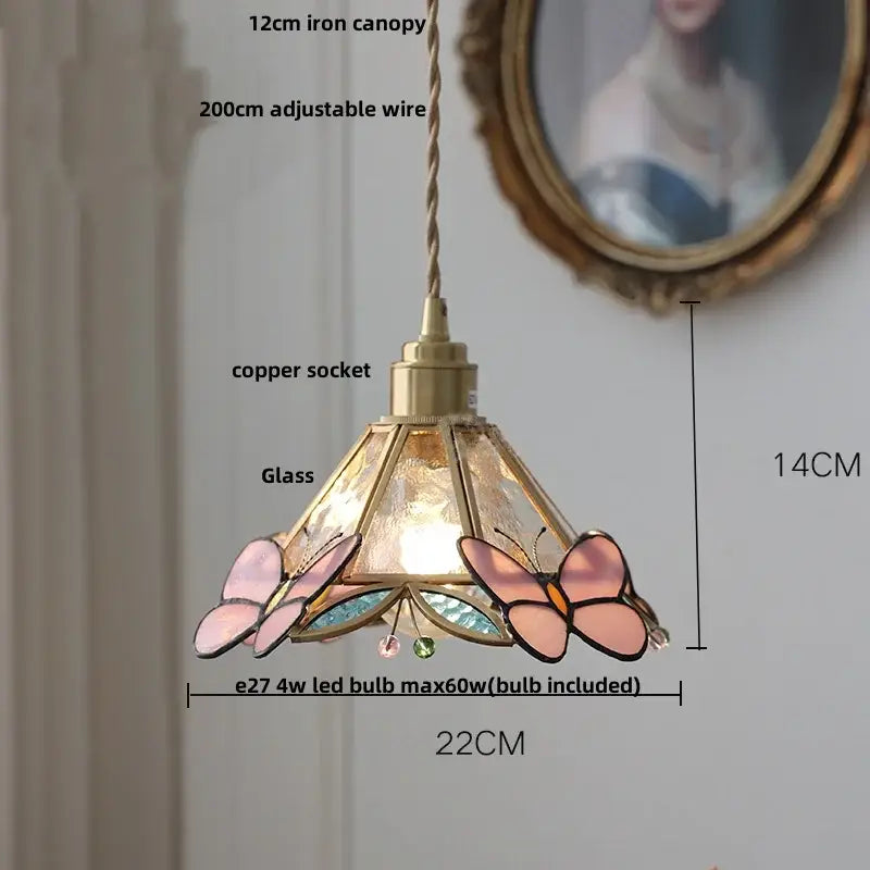 Modern butterfly pink led pendant lamp bedroom stained glass decor