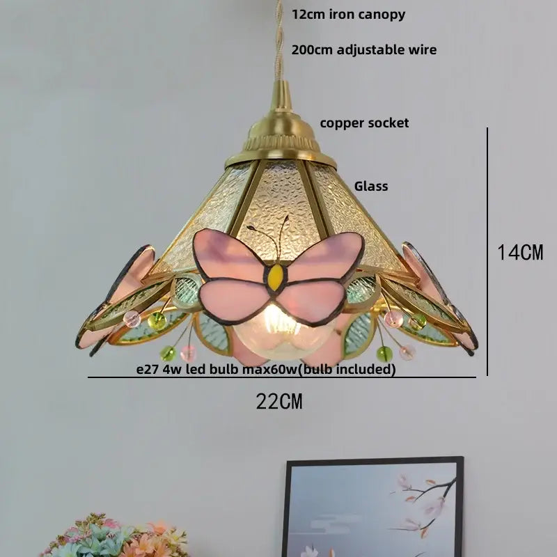 Modern butterfly pink led pendant lamp bedroom stained glass decor