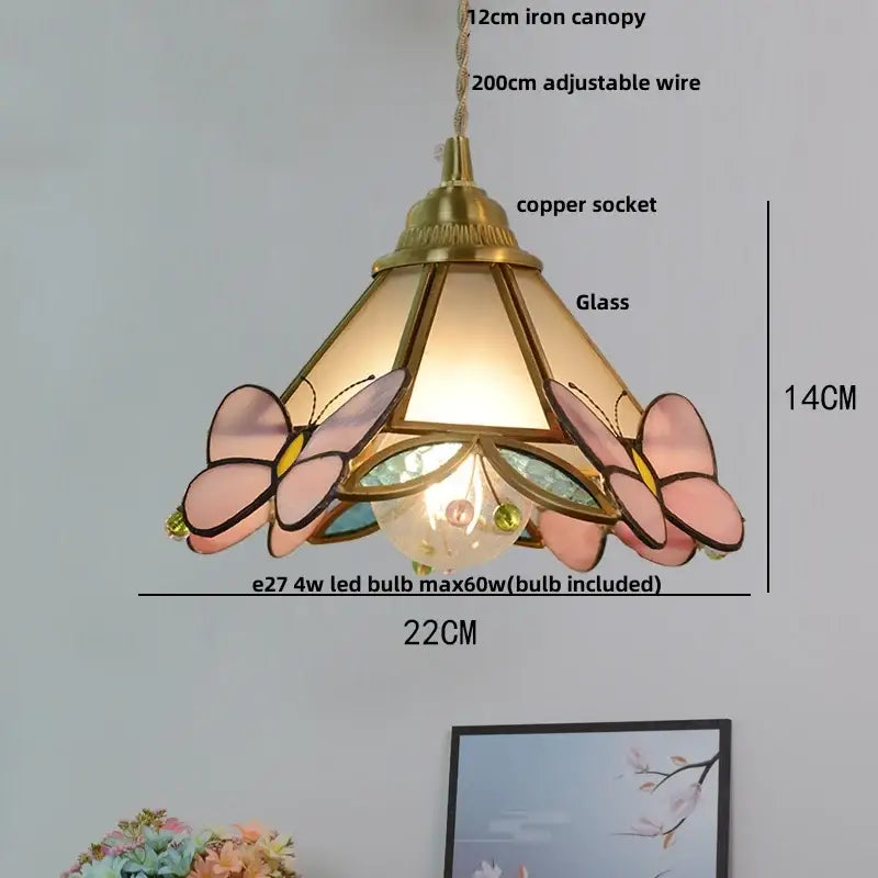 Modern butterfly pink led pendant lamp bedroom stained glass decor