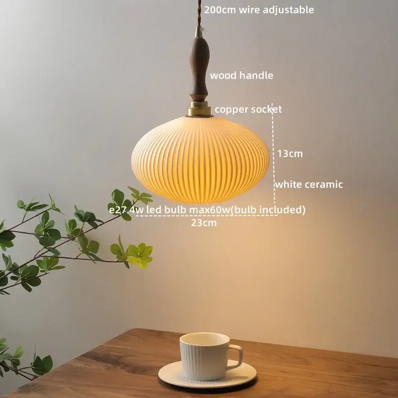 Modern ceramic led pendant light off-white and wood dining room