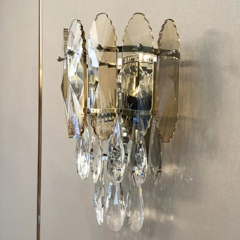 Modern champagne & smoke gray crystal wall sconce – bedroom led light