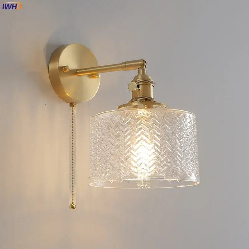 Modern chevron green glass led wall light bedroom pull chain switch