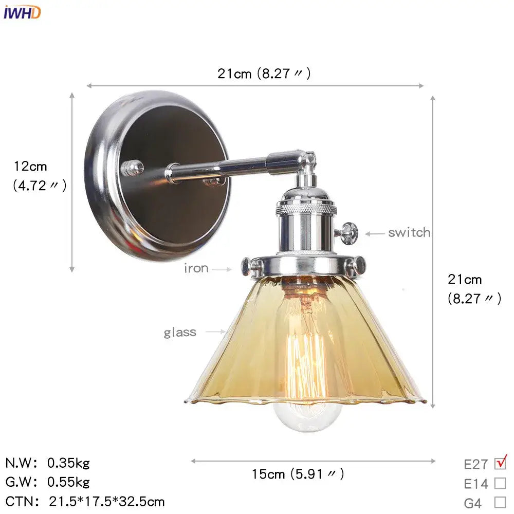 Modern chrome and amber glass ball wall light bedroom sconce