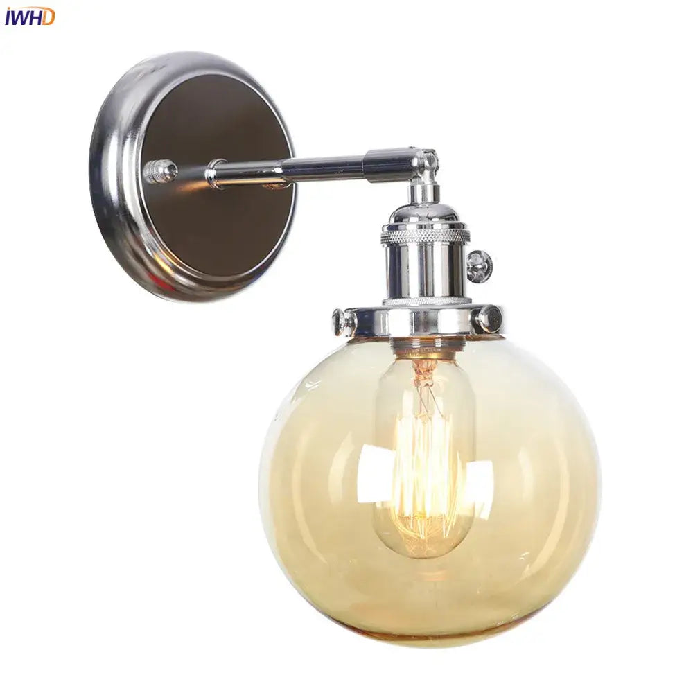 Modern chrome and amber glass ball wall light bedroom sconce
