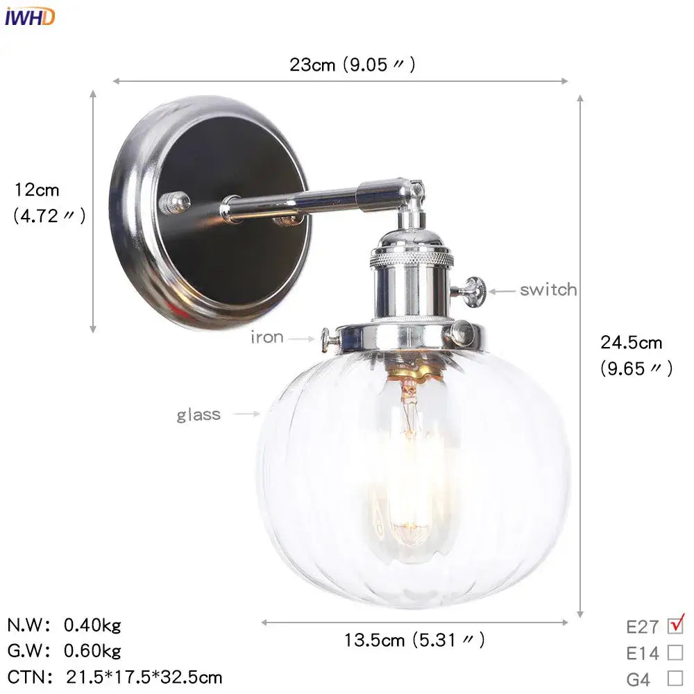 Modern chrome and amber glass ball wall light bedroom sconce