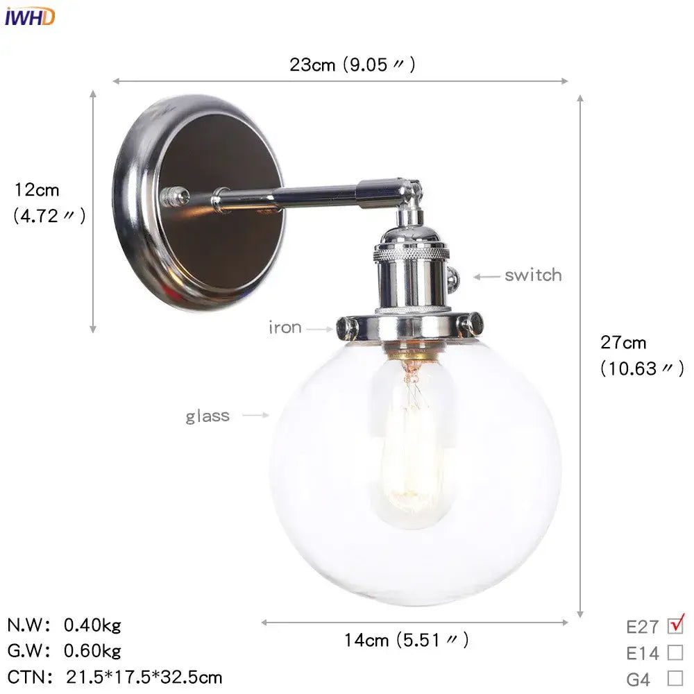 Modern chrome and amber glass ball wall light bedroom sconce