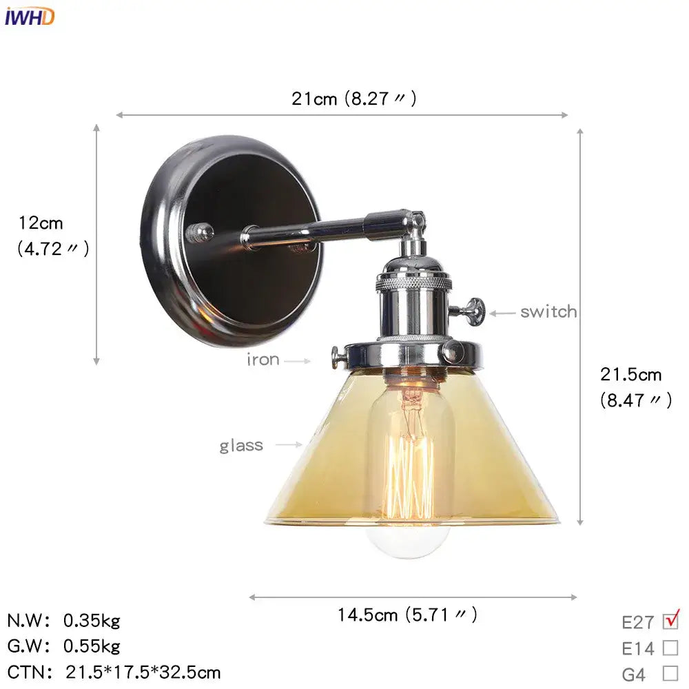 Modern chrome and amber glass ball wall light bedroom sconce